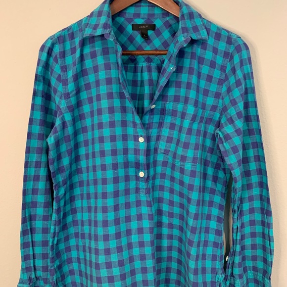J Crew Popover Shirt Turquoise Blue Gingham - Picture 4 of 6